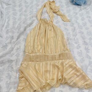 Elegant Halter Neck Dress in Beige Stripes